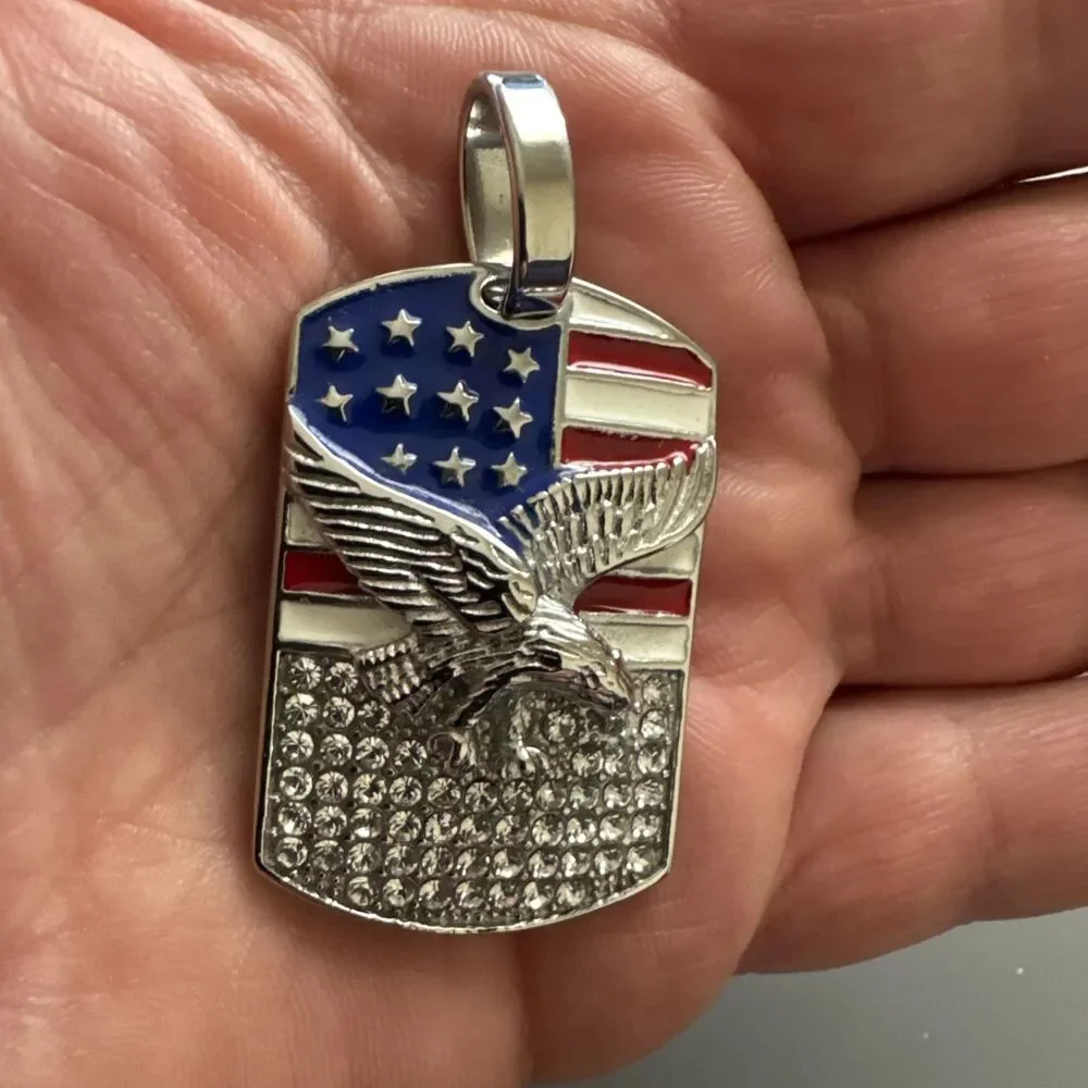 U.S.A America Flag Pendant Cubic Zirconia Stainless Steel 24” Chain Eagle DogTag